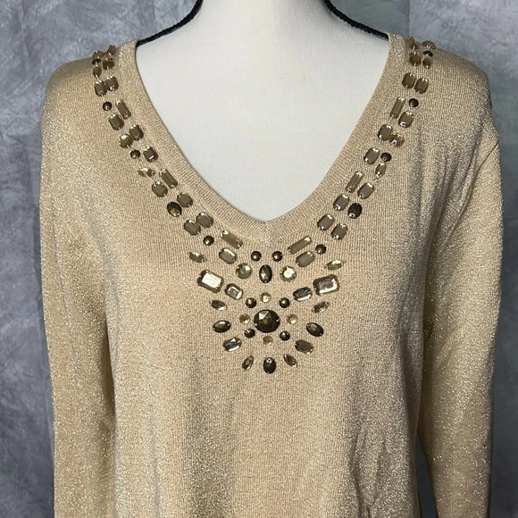 JM Collection Gold 3/4 Sleeve Beaded V-neck Sweater - size Large - Picture 2 of 10